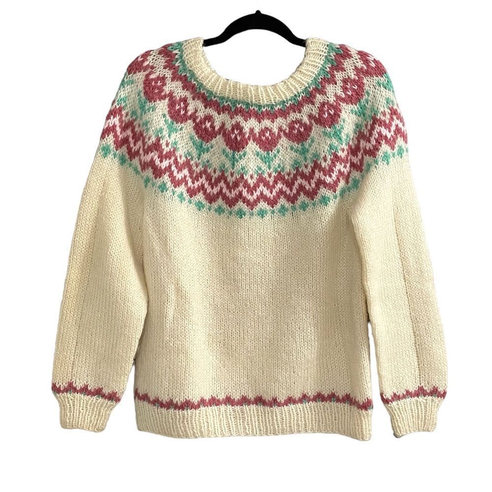 HANDMADE HANDKNIT Fair Isle Chunky Knit Sweater Roses Flowers Cream Pink S - Picture 3 of 7